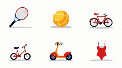 Set of icons with active summer sports on white background