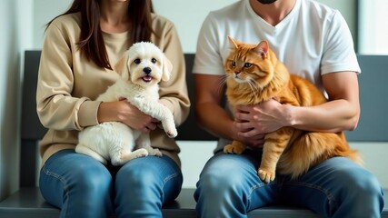 People with pets waiting in line for appointment veterinary clinic