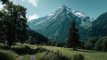 Majestic Mountain Vista: Serene Valley Path and Snow-Capped Peak