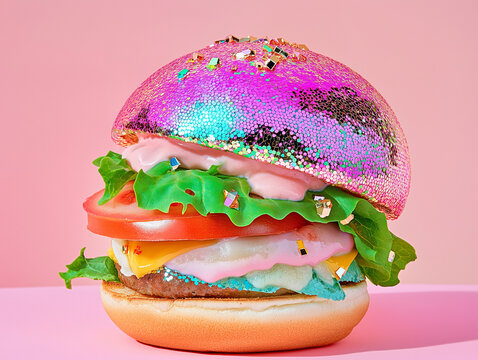 A surreal burger with a glittering pink disco ball bun and colorful ingredients sits against a pink background. Playful and conceptual food art image with retro pop flair.
