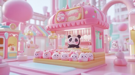 Pink panda food stall in pastel city