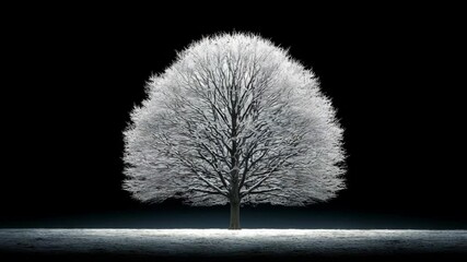 Solitary bare tree covered in snow against black background, winter scenic with ground covered in fresh white snow. - Powered by Adobe