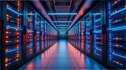 Obraz premium A modern data center with rows of servers glowing in blue and orange lights, showcasing advanced technology and infrastructure.