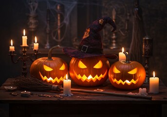Three Jack-o'-lanterns with Witch's Hat and Candles on Wooden Table