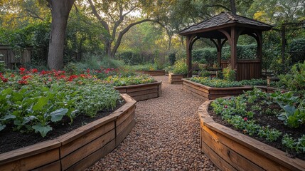 Serene Garden Oasis: A Picturesque Landscape Design with Wooden Planters and Gazebo