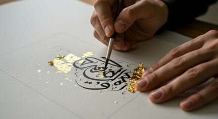 Golden Calligraphy Art Arabic Script Traditional Decoration Elegance Luxury Artist Skill Craft Handmade Design Islamic Culture Detail Precision