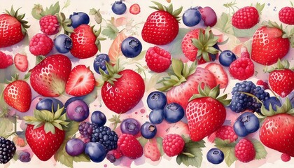 Fototapeta premium A watercolor-style background featuring a variety of berries—strawberries, blueberries, raspberries—soft pastel tones, seamless pattern.