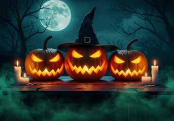 Three Jack-o'-Lanterns with Witch's Hat on Wooden Table in Dark Forest