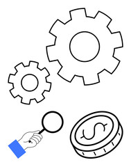 Hand with magnifying glass analyzing interlocking gears and coin with dollar sign. Ideal for business, process optimization, financial insight, innovation, technology, data research, simple landing