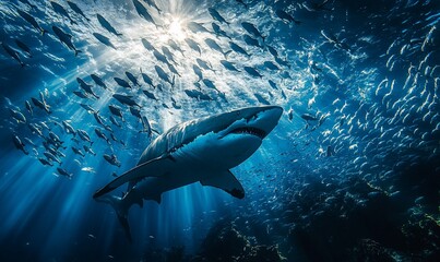 Fototapeta premium Great white shark amidst a school of fish, illuminated by sun rays underwater