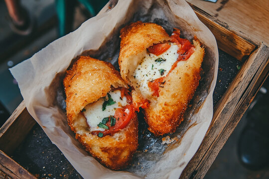 Top-down photo of freshly fried panzerotti cut open to reveal a warm, cheesy tomato and herb filling