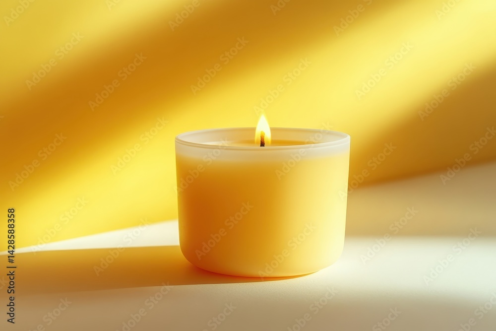 Poster bright yellow candle with a glowing flame placed against a vivid yellow background creates a warm an
