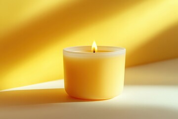 Bright yellow candle with a glowing flame placed against a vivid yellow background creates a warm and inviting atmosphere in a cozy setting during daylight
