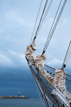 Bowsprit of STS Leeuwin II at dock.