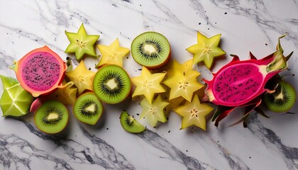 An arrangement of sliced kiwi, dragon fruit, and star fruit on a marble surface, minimalistic composition, high-resolution