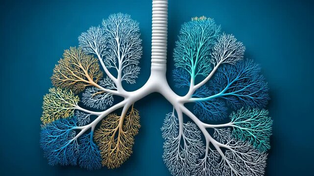 Stylized lungs with tree-like structures for alveoli, different colors on each side of the organs and branches on teal background.