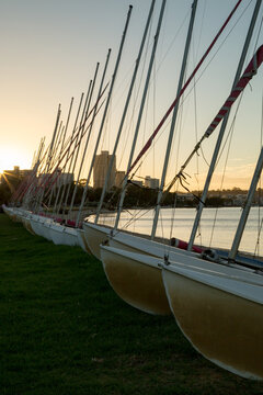 Catamarans lined up on beach at dusk.