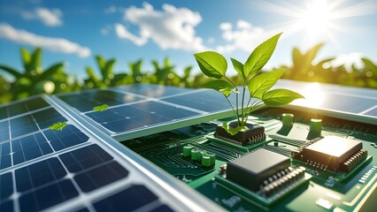 Fototapeta premium Green Tech Circuit Board with Leaves | Eco-Friendly Energy & Sustainability Concept