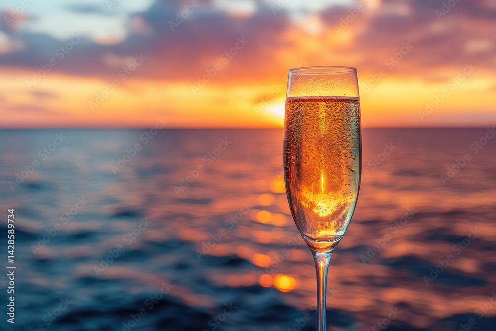 Aufkleber sparkling drink in a glass against a vibrant sunset over the ocean, creating a serene and romantic a