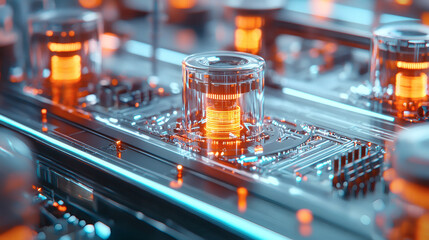 A futuristic circuit board with glowing components, showcasing advanced technology and intricate design.