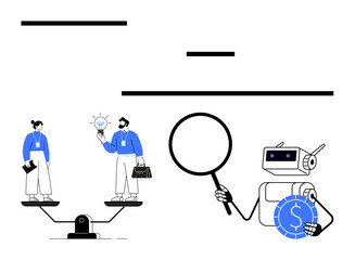 Professionals on weighted scales sharing ideas, robot analyzing with magnifying glass and coin. Ideal for teamwork, innovation, equality, AI ethics, collaboration, finance productivity. Flat simple