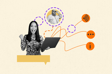 Creative full art collage of happy girl hold laptop distance communication man date website wifi...