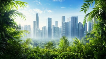 Naklejka premium Lush jungle framing a modern metropolis cityscape in a hazy morning light.