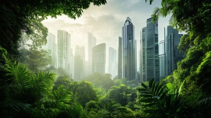 Lush greenery frames a cityscape of modern skyscrapers on a radiant morning.