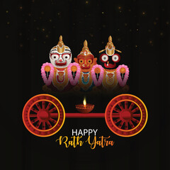 Beautiful chariot for happy rath yatra with lord jagannath balabhadra and subhadra vector illustration