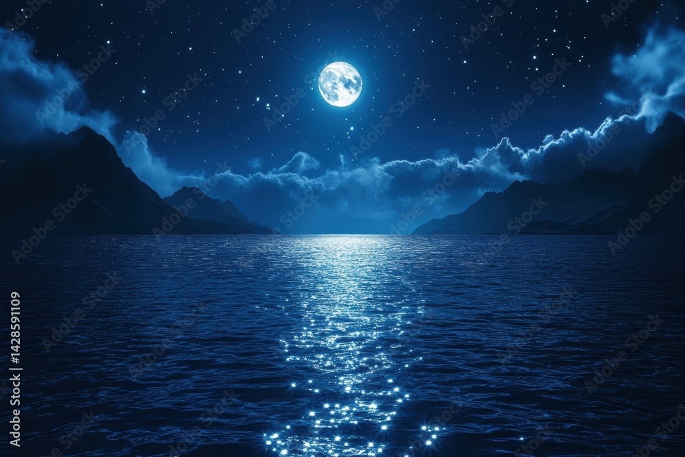 Poster dark ocean waters reflect starry night sky with shimmering light across undulating waves creating a 