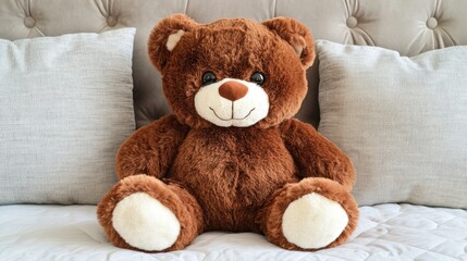 Adorable Brown Teddy Bear Sitting on a Cozy Couch