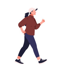 Flat vector illustration of sporty woman with hat walking isolated on white background