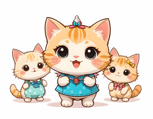 Obraz premium Three adorable cartoon kittens wearing colorful outfits and bows standing in a row on a white background.