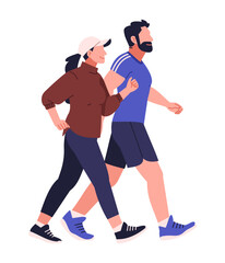 Flat vector illustration of couple man and woman in sportswear walking together isolated on white background