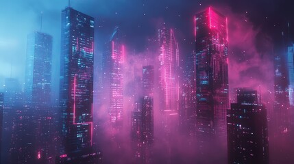 Fototapeta premium futuristic abstract cityscape with neon-lit skyscrapers dissolving into digital waves