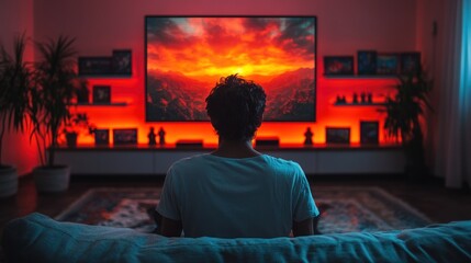 Relaxing Evening: Man Watching Sunset Landscape on Big Screen TV