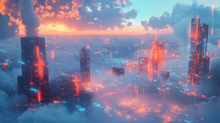 Obraz premium A futuristic AI-controlled digital landscape, where communication between smart devices and cloud systems happens in real-time