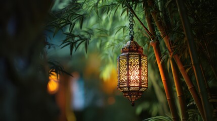 A lantern hanging from a bamboo tree, glowing with warm light in an oriental garden at night
