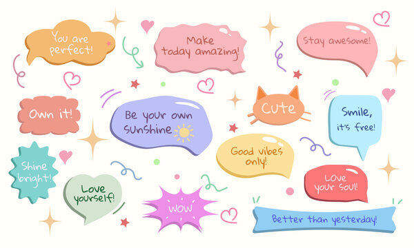 Set of vector affirmation bubbles with self-love quotes and motivational phrases. Soft pastel colors, perfect for social media, posters, and printable wall art.