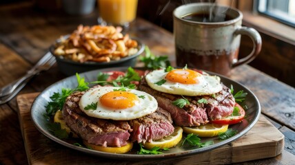 Delicious breakfast featuring steak and eggs served with fresh garnishes in a cozy dining setting
