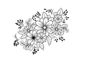 Elegant Black and White Floral Illustration. Intricate Hand-Drawn Flower Bouquet with Leaves and Ornamental Details. Vector Line Art for Coloring, Tattoos, Invitations, and Decorative Design.