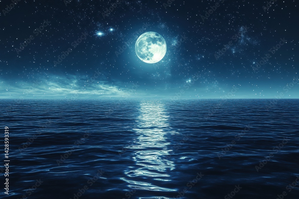 Poster dark ocean waters reflect starry night sky with shimmering light across undulating waves creating a 