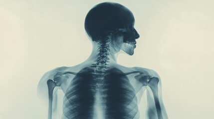 X-ray image of a human torso, highlighting skeletal structure.