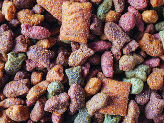 Cat pellet food, close-up of dry cat food mix, Pet Food Texture
