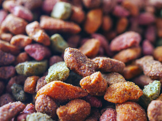 Cat pellet food, close-up of dry cat food mix, Pet Food Texture