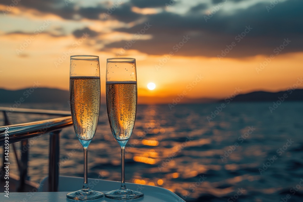 Aufkleber sparkling drink in a glass against a vibrant sunset over the ocean, creating a serene and romantic a