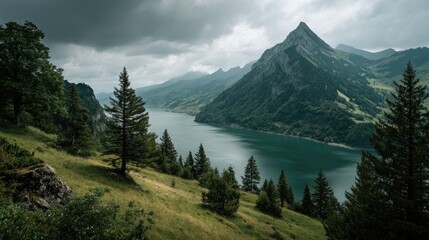 Majestic Mountain Lake: Serene Alpine Vista with Verdant Slopes
