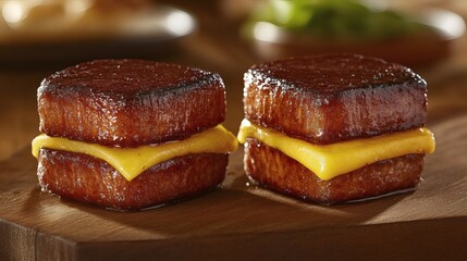 Two miniature, savory, cheese-filled, grilled meat sandwiches.