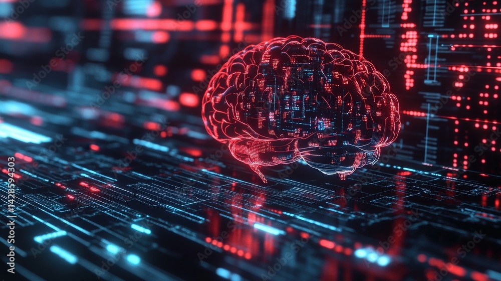Poster A futuristic brain-computer interface, where AI translates brainwave data into digital commands.