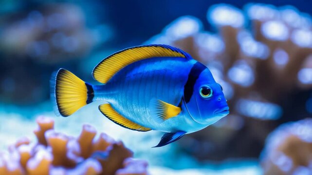 Close view of a surgeonfish swimming along the seabed